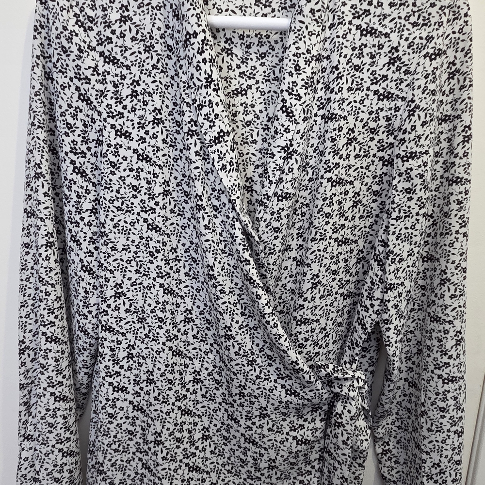 Adrianna Papell Black and White Floral Wrap Blouse